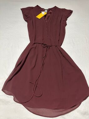 H&M Deep Burgundy Pleated Button-Front Tie-Waist Dress